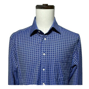 Paul Fredrick Shirt Mens 16-33 Blue White Check Plaid Trim‎ Fit Button Up